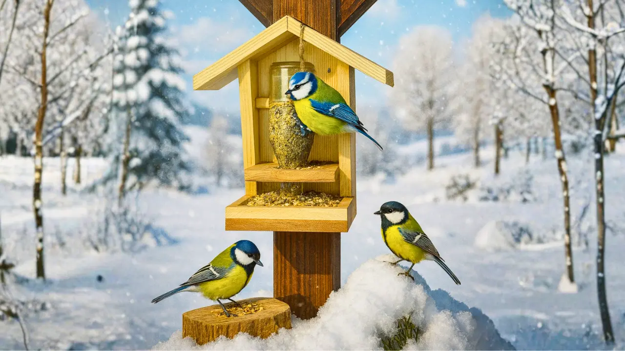 Selbst gebasteltes Vogelfutterhaus mit Glasflasche als Futterspender in verschneiter Winterlandschaft mit 3 Vögeln am Vogelfutterhaus