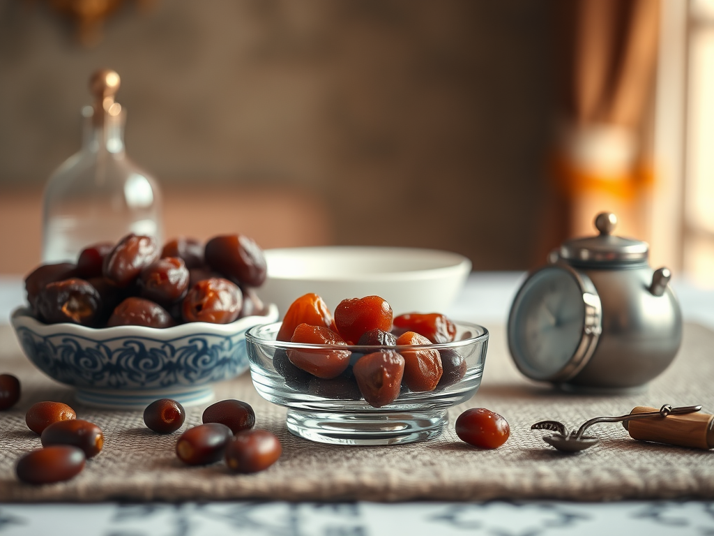 Detailreiches Bild von Fasten mit Datteln, Wasser und Wecker auf einem Tisch, warmes Licht im Hintergrund, symbolisiert Tradition und Besinnung, 2025.