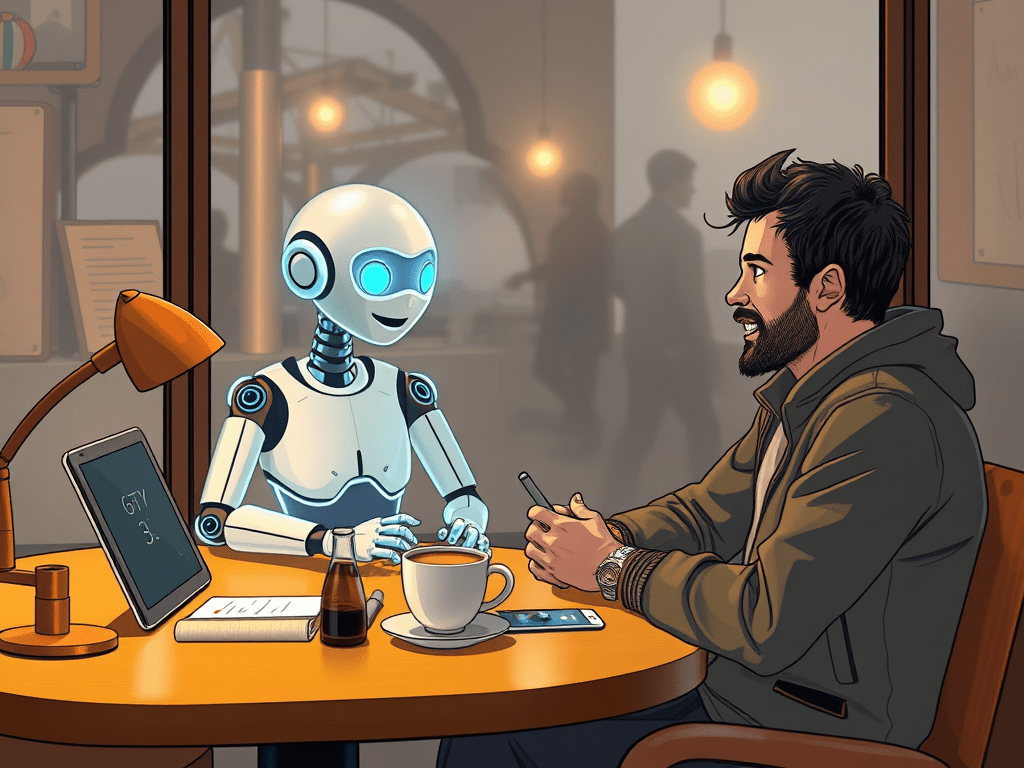 Illustration eines Menschen und eines Roboters, die an einem Tisch in einem Café sitzen. Der Roboter hat ein freundliches Gesicht mit leuchtend blauen Augen, auf dem Tisch steht ein Tablet mit der Aufschrift ‚Grok 3‘. Der Mensch hält eine Tasse Kaffee, es gibt ein Notizbuch, ein Smartphone und eine Lampe im Hintergrund.