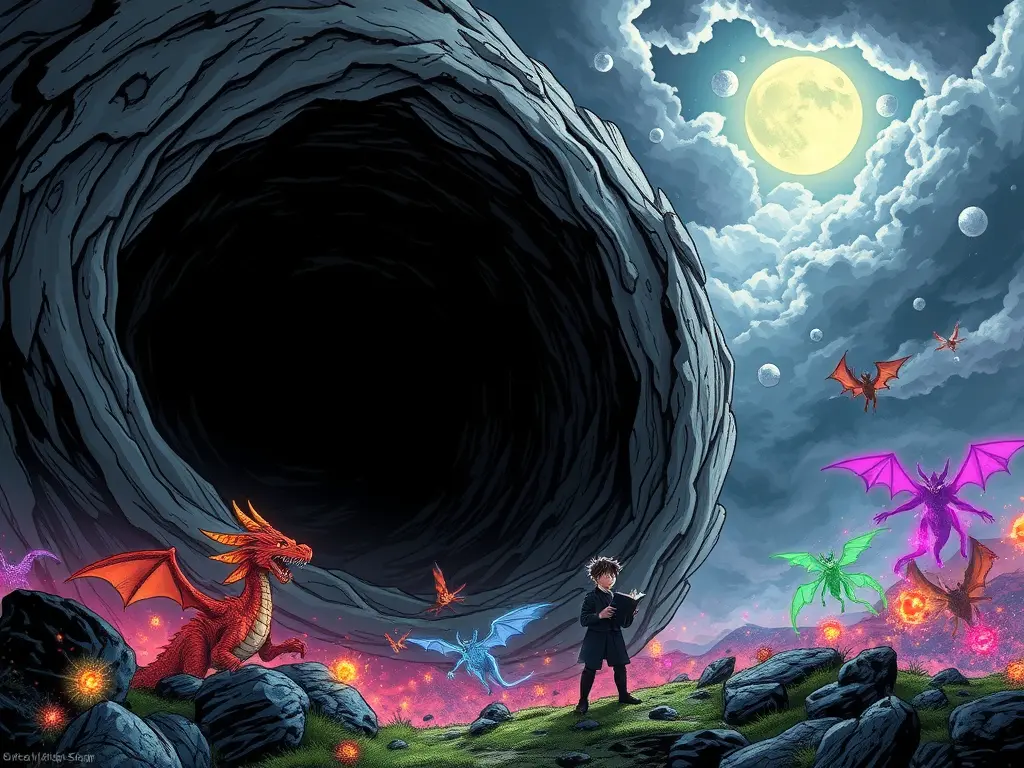 Digital art illustration in comic style of 'The Nothing' from Michael Ende's The Neverending Story, a dark void consuming Phantásien, with Bastian Balthasar Bux watching in horror, symbolizing the uniform society that destroys imagination.