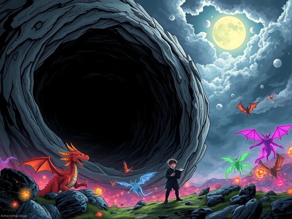 Digital art illustration in comic style of 'The Nothing' from Michael Ende's The Neverending Story, a dark void consuming Phantásien, with Bastian Balthasar Bux watching in horror, symbolizing the uniform society that destroys imagination.