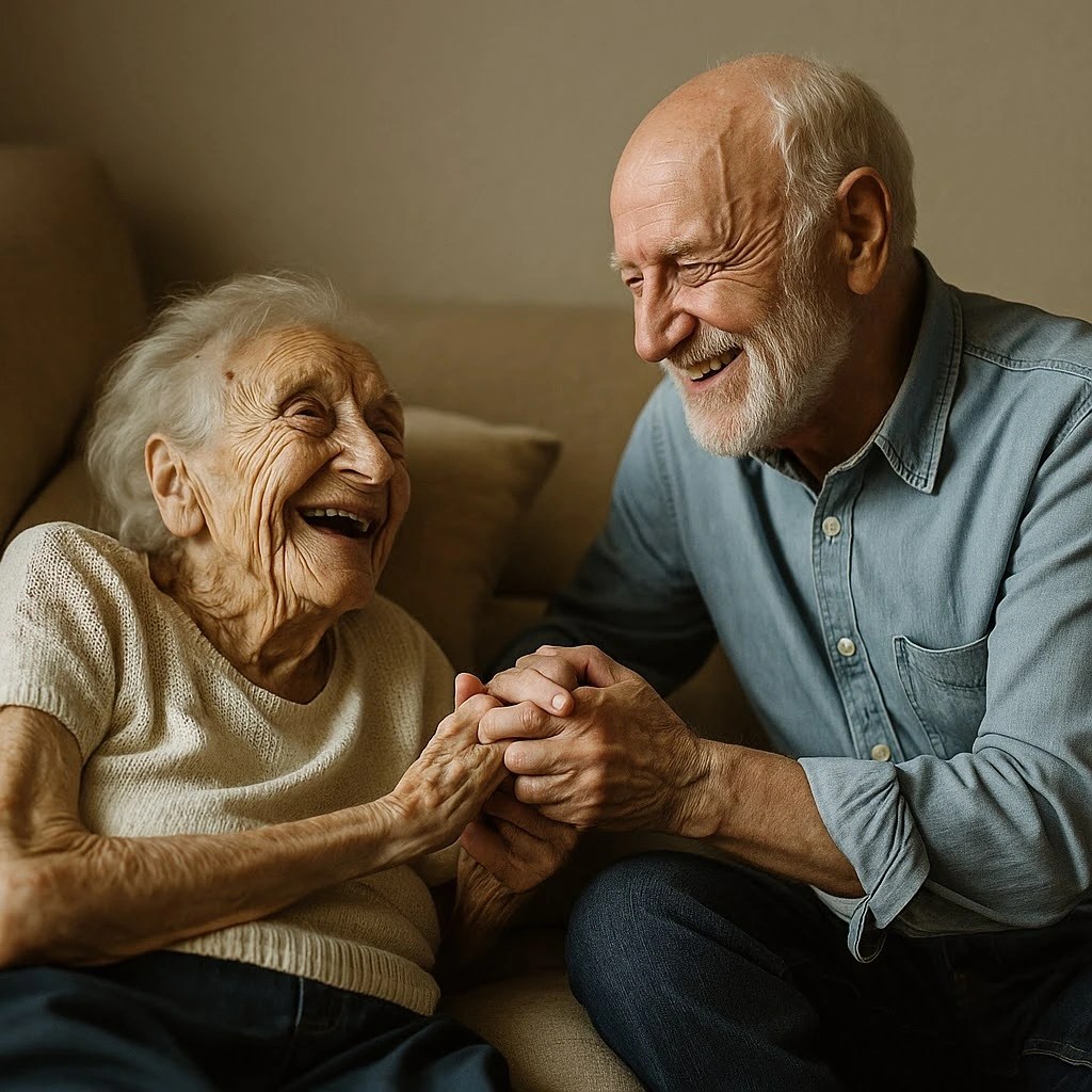Sehr alte Frau liegt auf dem Sofa und lacht herzlich, während ein älterer Mann neben ihr sitzt, ihre Hand hält und sie beide einander voller Wärme und Freude ansehen.