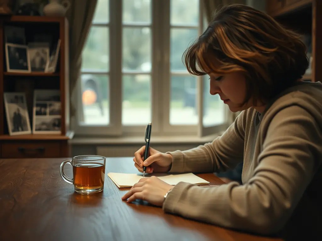 Person ab 50 schreibt einen handgeschriebenen Brief am Holztisch, zeigt Wertschätzung zum Muttertag durch Gedanken statt Konsum.