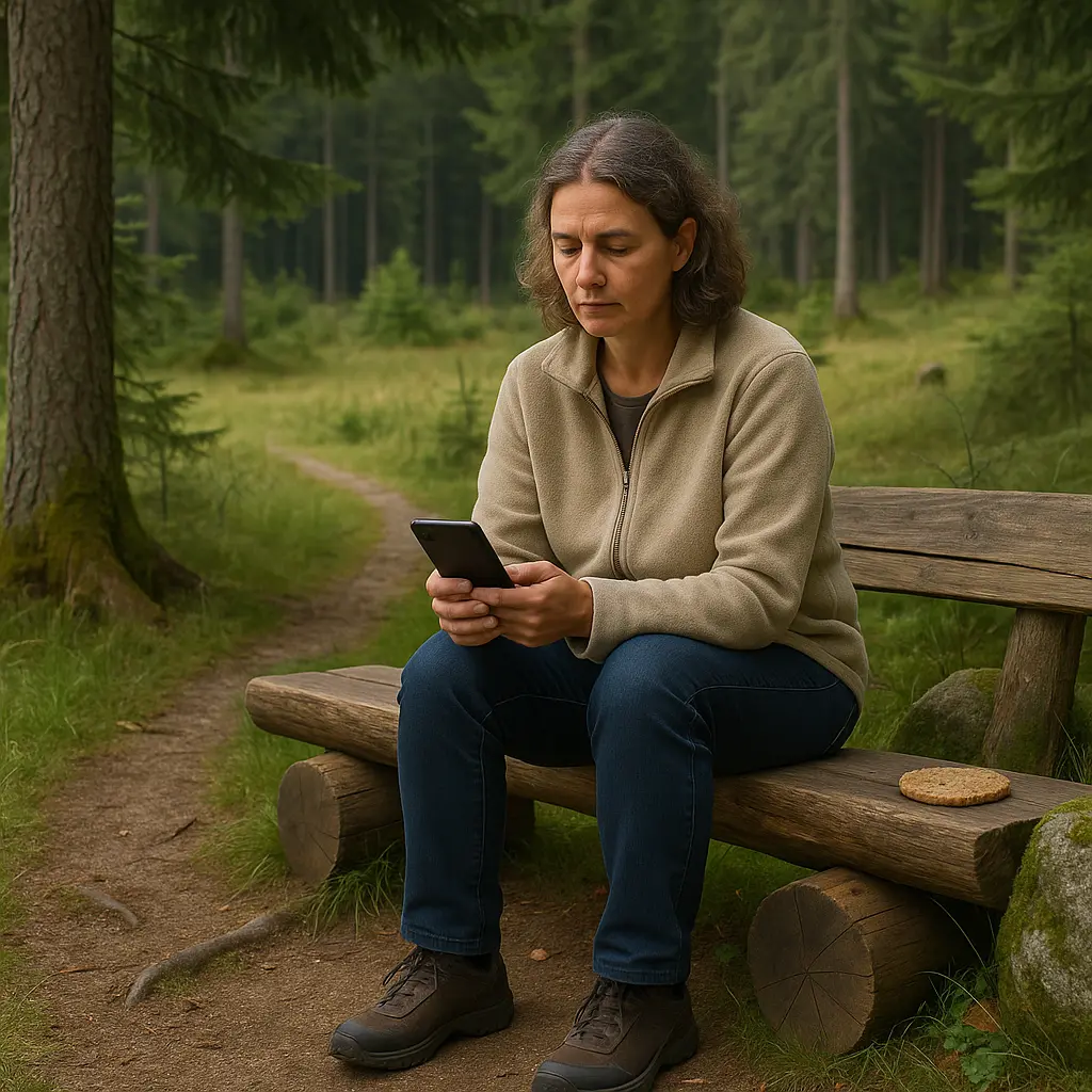 Person sitzt achtsam in der Natur und betrachtet bewusst ihr Smartphone