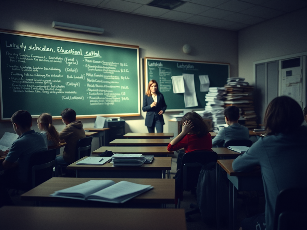 Ein Klassenzimmer mit gelangweilten Kindern, einer überforderten Lehrerin und einem starren Lehrplan, symbolisiert die Bildungsmisere im Schulsystem Deutschland.