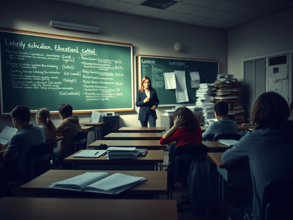 Ein Klassenzimmer mit gelangweilten Kindern, einer überforderten Lehrerin und einem starren Lehrplan, symbolisiert die Bildungsmisere im Schulsystem Deutschland.