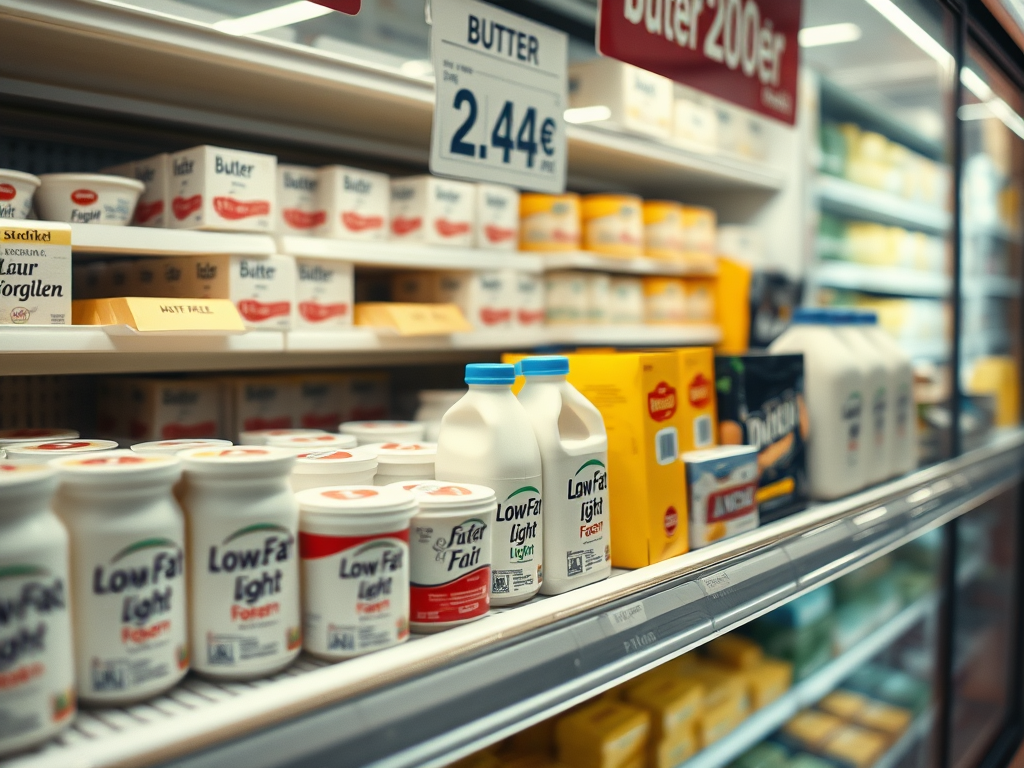 Supermarket refrigerated shelf with low-fat yogurt, milk, and cheese, butter with a 2.49€ price tag, sugar packets in the background symbolizing industry tricks