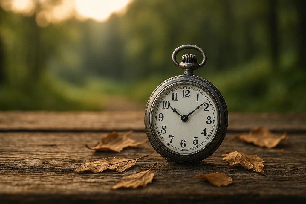 Alte silberne Taschenuhr auf Holztisch, die 7:00 Uhr zeigt, mit Laub und Waldrand im Sonnenlicht