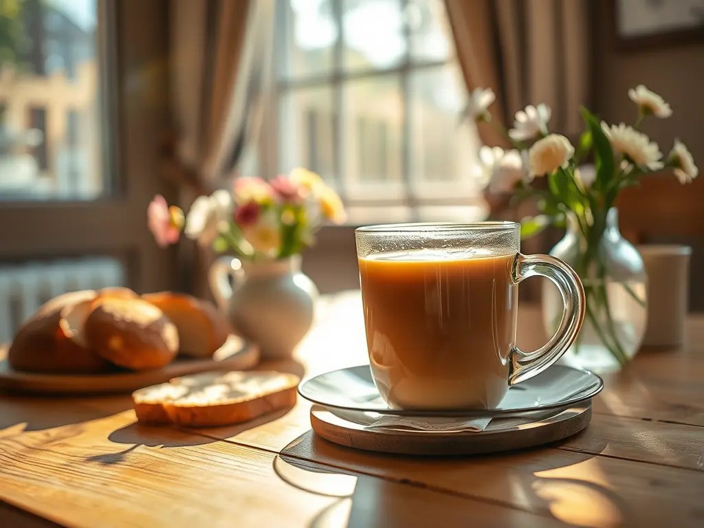 Tasse Tee auf einem Holztisch mit Brot und Blumen, beleuchtet von warmem Morgenlicht, für ein achtsames Sonntagsfrühstück.