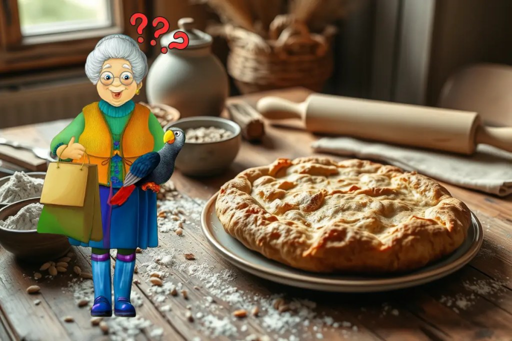 Ein Holztisch zeigt verschiedene Mehlsorten in Schüsseln, verstreute Körner, ein Nudelholz und eine Buchweizen-Galette, beleuchtet von warmem Tageslicht.