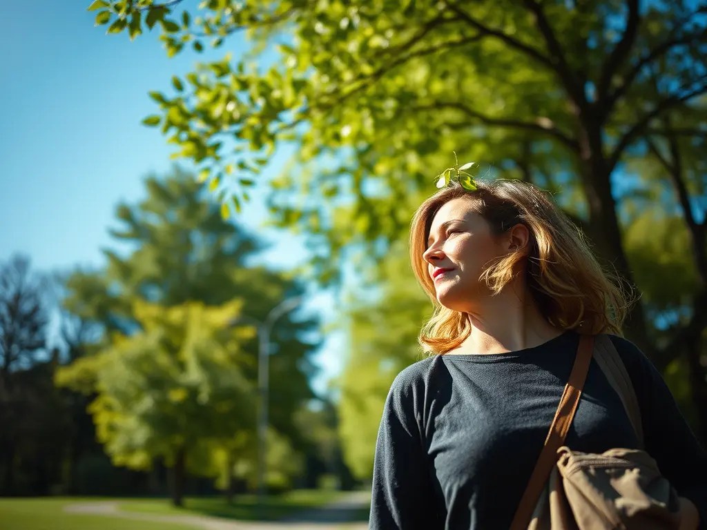 Weibliche Person ab 30 spaziert durch einen Park, genießt eine Naturpause mit Bäumen und Sonnenlicht für mehr Achtsamkeit.