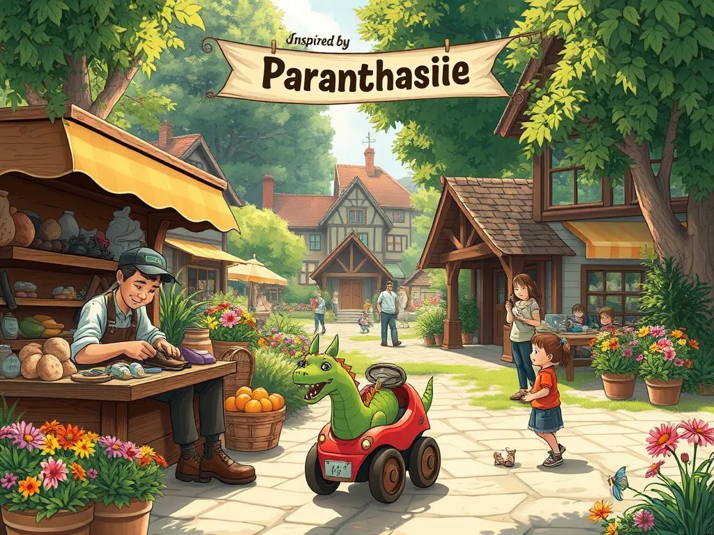 Digitale Illustration im Comic-Stil eines nachhaltigen Marktplatzes mit einem Schuster, der langlebige Schuhe herstellt, und einem Bäcker, der gesunde Brote verkauft, inspiriert von Michael Endes Momo.