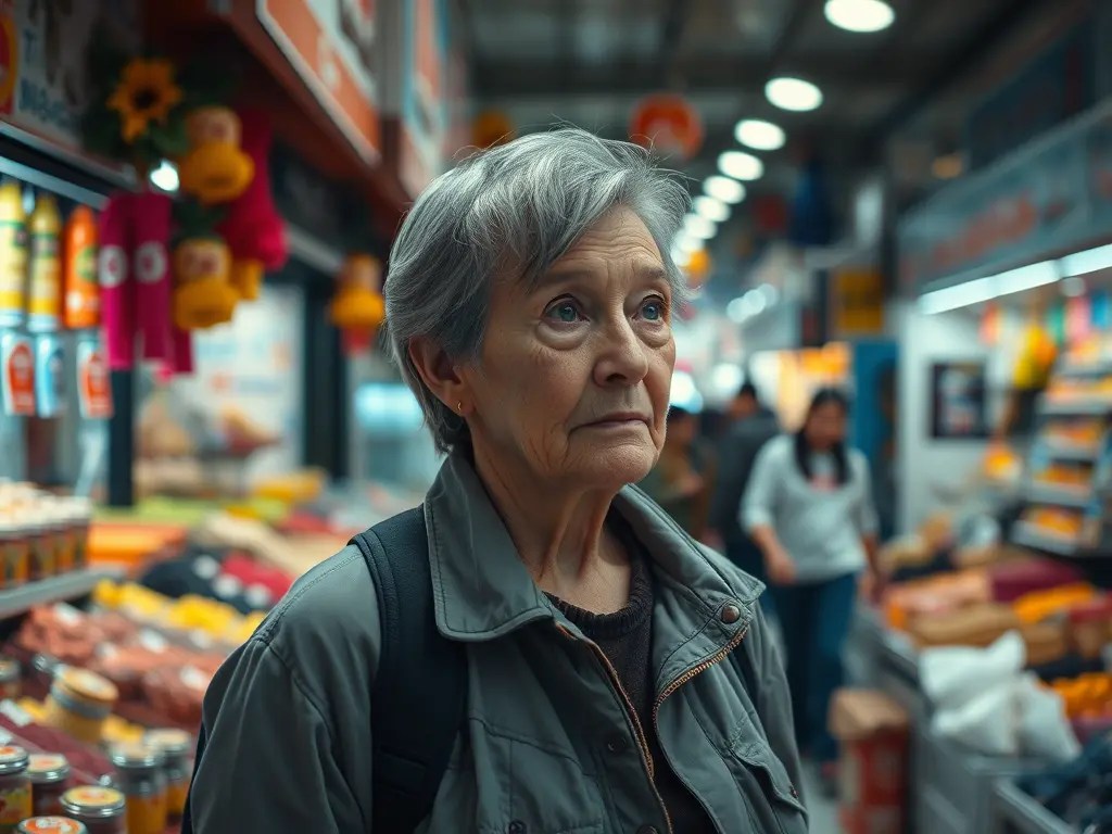 Person ab 50 steht nachdenklich vor einem Marktstand mit bunten Waren, reflektiert über bewussten Konsum am Asiamarkt.