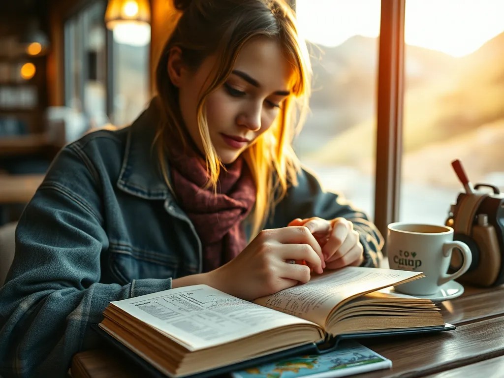 Eine Person plant ihre Auswandern Vorbereitung in einem Café mit Notizbuch, Laptop und Weltkarte.