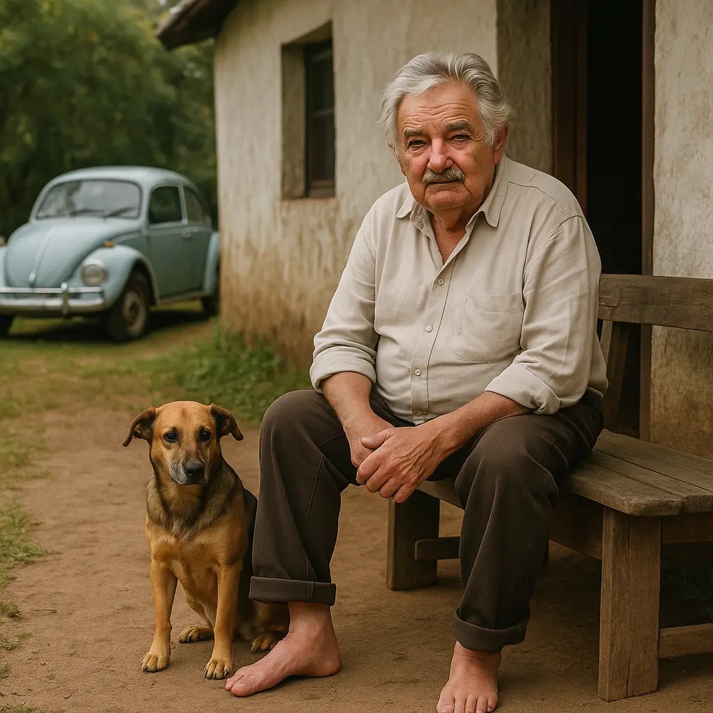 José Mujica sitzt vor seinem Bauernhaus neben einem alten VW-Käfer – Symbol für Bescheidenheit und Haltung