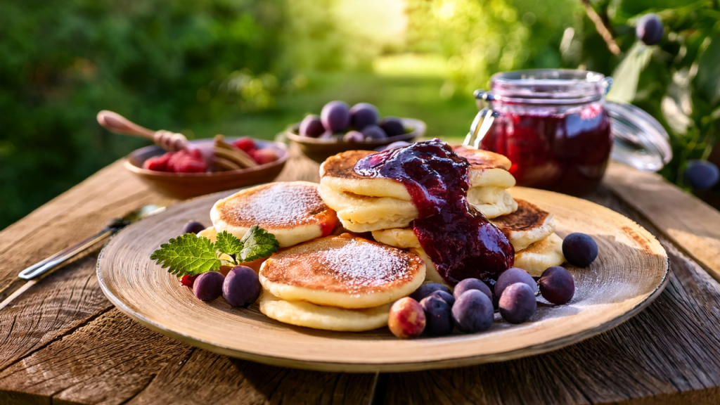Selbstgemachte Palačinky mit Powidl auf einem rustikalen Holztisch mit Gartenhintergrund