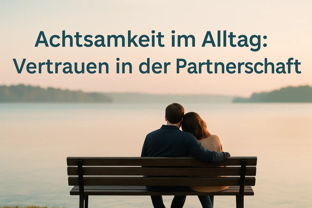 Ein Paar sitzt auf einer Bank am See und blickt in die ruhige Landschaft – Symbol für Vertrauen und Achtsamkeit.