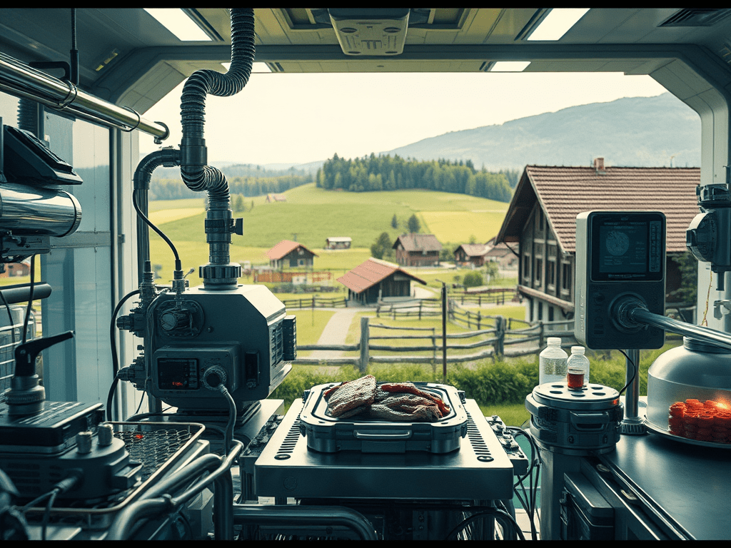 Ein Bioreaktor zur Herstellung von Laborfleisch steht im Kontrast zu einem traditionellen tschechischen Bauernhof.
