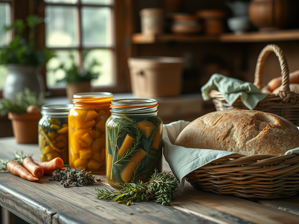Rustikaler Holztisch mit Gläsern voller haltbar gemachter Lebensmittel, frischem Gemüse und Sauerteigbrot, zeigt Methoden zum Haltbar machen ohne Energie.