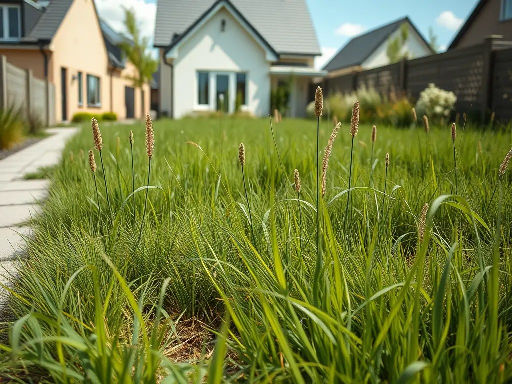 Struppiger, ungemähter Rasen in einem Neubausiedlungsgarten nach vier Wochen NoMowMay, mit einem modernen Haus im Hintergrund. Struppiger, ungemähter Rasen in einem Neubausiedlungsgarten nach vier Wochen NoMowMay, mit einem modernen Haus im Hintergrund.