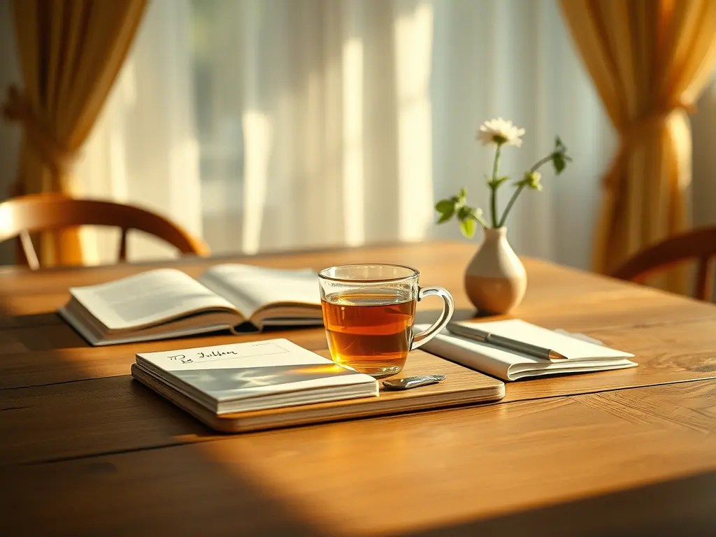 Holztisch mit Tasse Tee, Notizbuch und Stift, umgeben von minimalistischem Dekor, für ein achtsames Sonntagsfrühstück zum Thema bewusster Konsum.