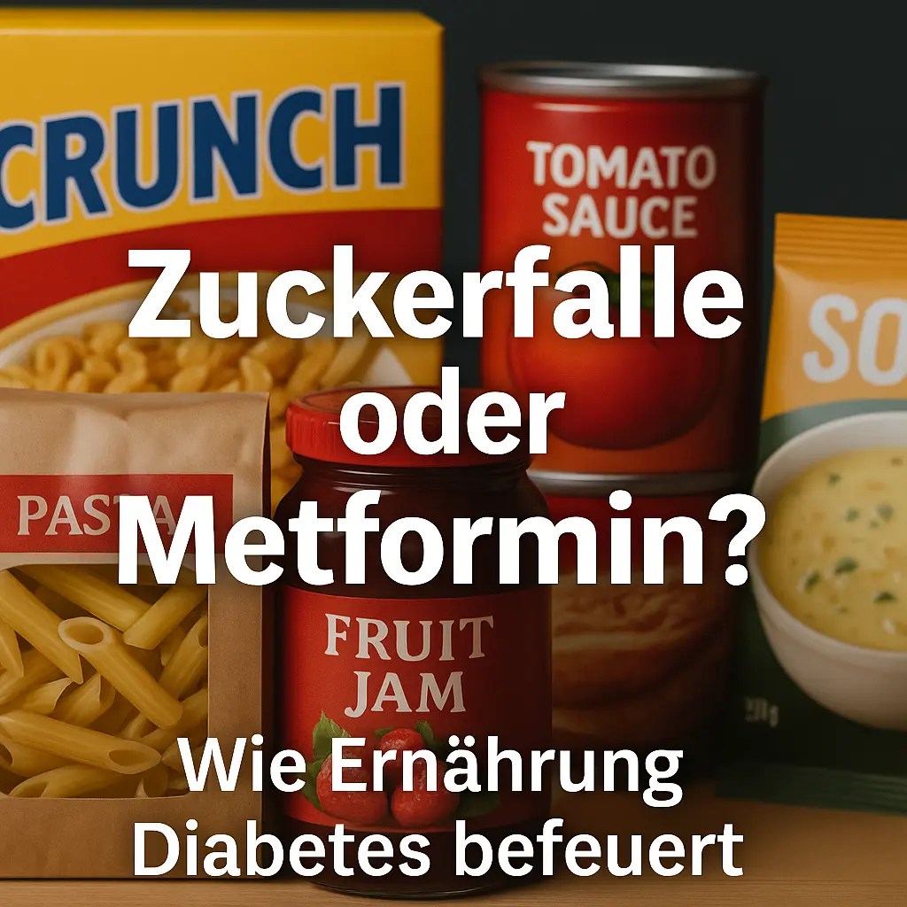 Verschiedene verarbeitete Lebensmittel wie Frühstücksflocken, Tomatensoße und Pasta mit dem Text „Zuckerfalle oder Metformin? Wie Ernährung Diabetes befeuert“