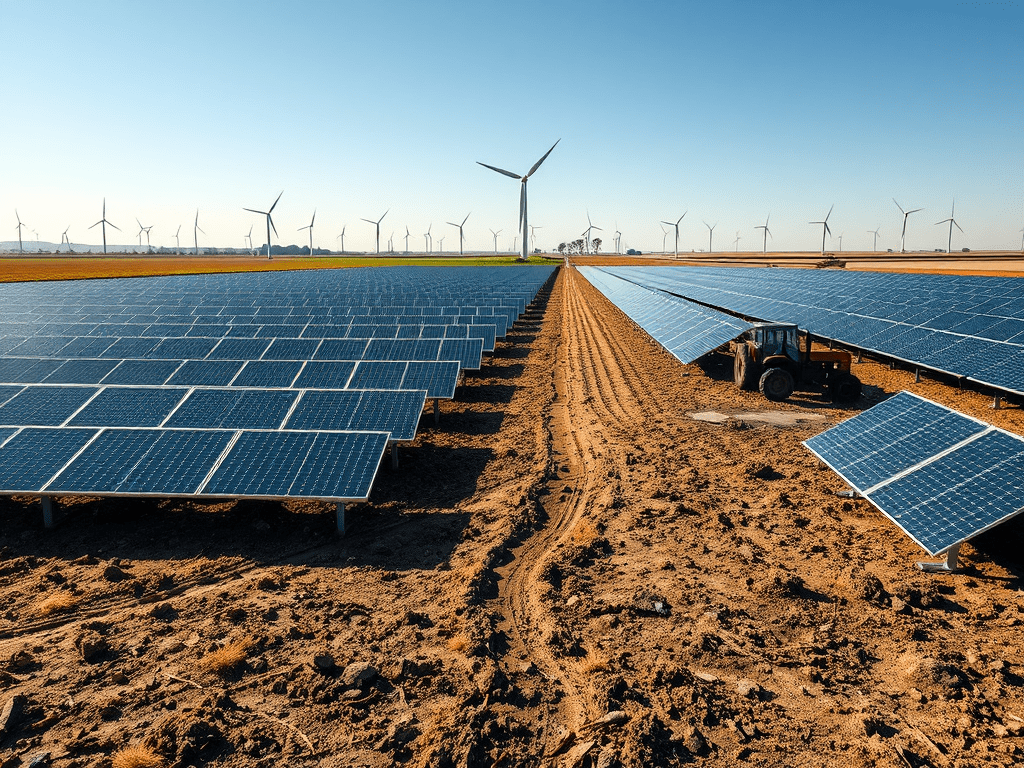 Solarpaneele auf trockenem Acker unter grellem Sonnenlicht, mit Windrädern und kaputtem Traktor im Hintergrund – Energiewende unter Druck.