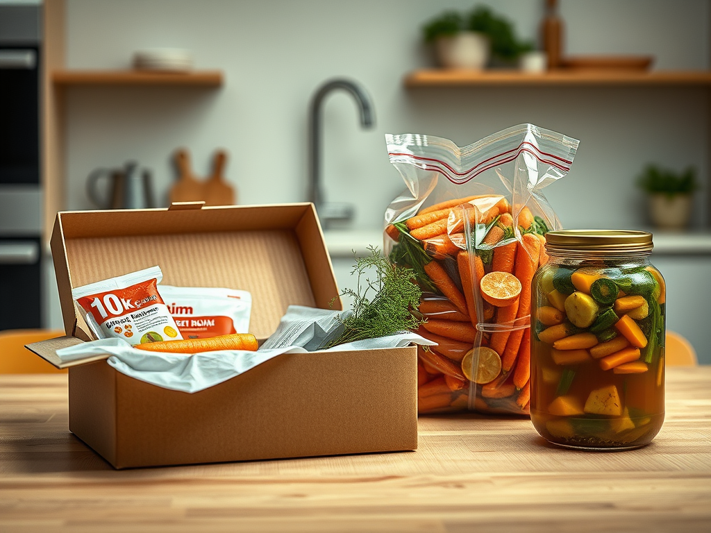 Kochboxen auf einem Küchentisch mit Plastikmüll neben einem Sack Karotten und Gemüsebrühe für nachhaltiges Kochen.