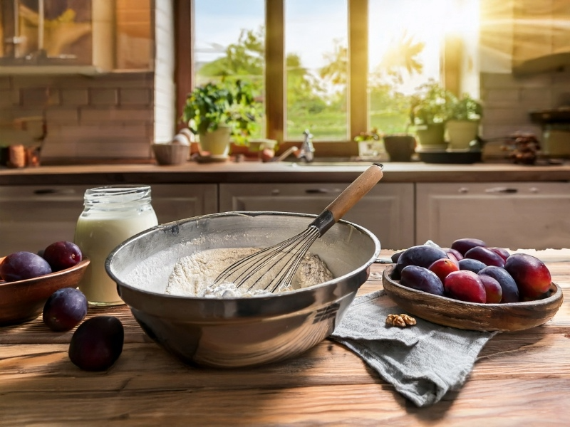 A cozy kitchen scene with a wooden table, a bowl of Palatschinken batter, a whisk, buckwheat flour, eggs, milk, and fresh plums in the background, highlighting sustainable cooking.