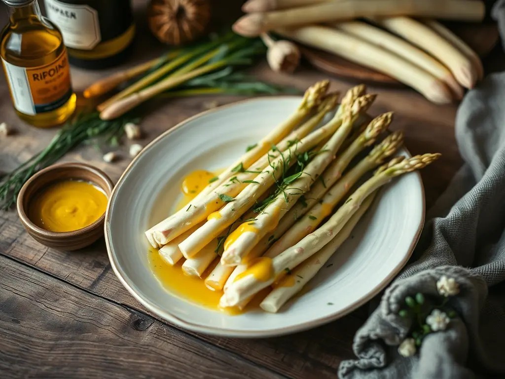 Rustikaler Holztisch im Böhmerwald-Garten mit Fichtennadelöl, Spargel mit Senf-Vinaigrette und Brot, umgeben von Gemüsebeeten und einem Tinyhaus im Morgenlicht.