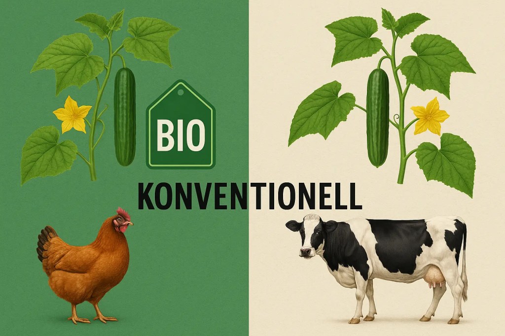 Schlangengurken, Hühner, Kühe, Bio vs. konventionell