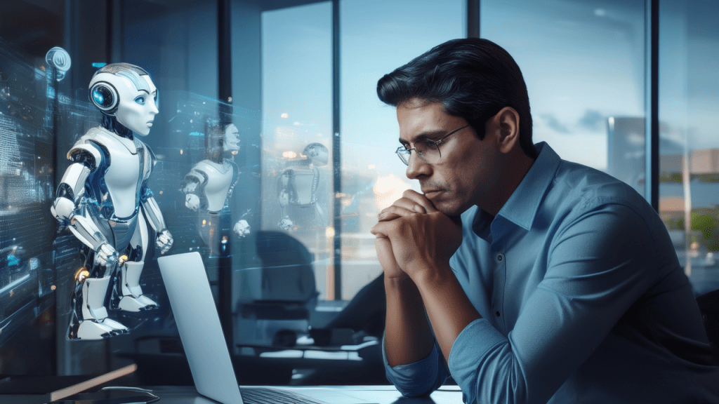 Mann sorgenvoll vor KI-Robotern am Laptop, Symbol für Bedrohung von Bürojobs