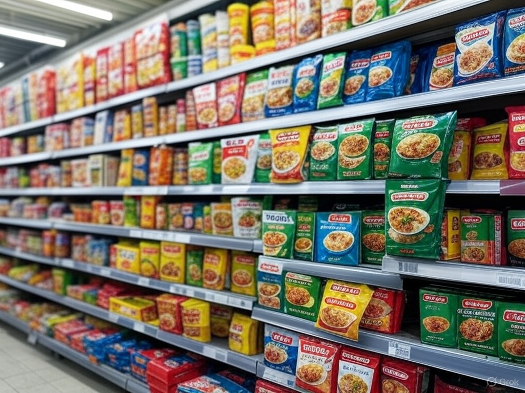 Supermarktregal in Deutschland mit Tütensuppen und Fertigprodukten von Maggi, Knorr und mehr.