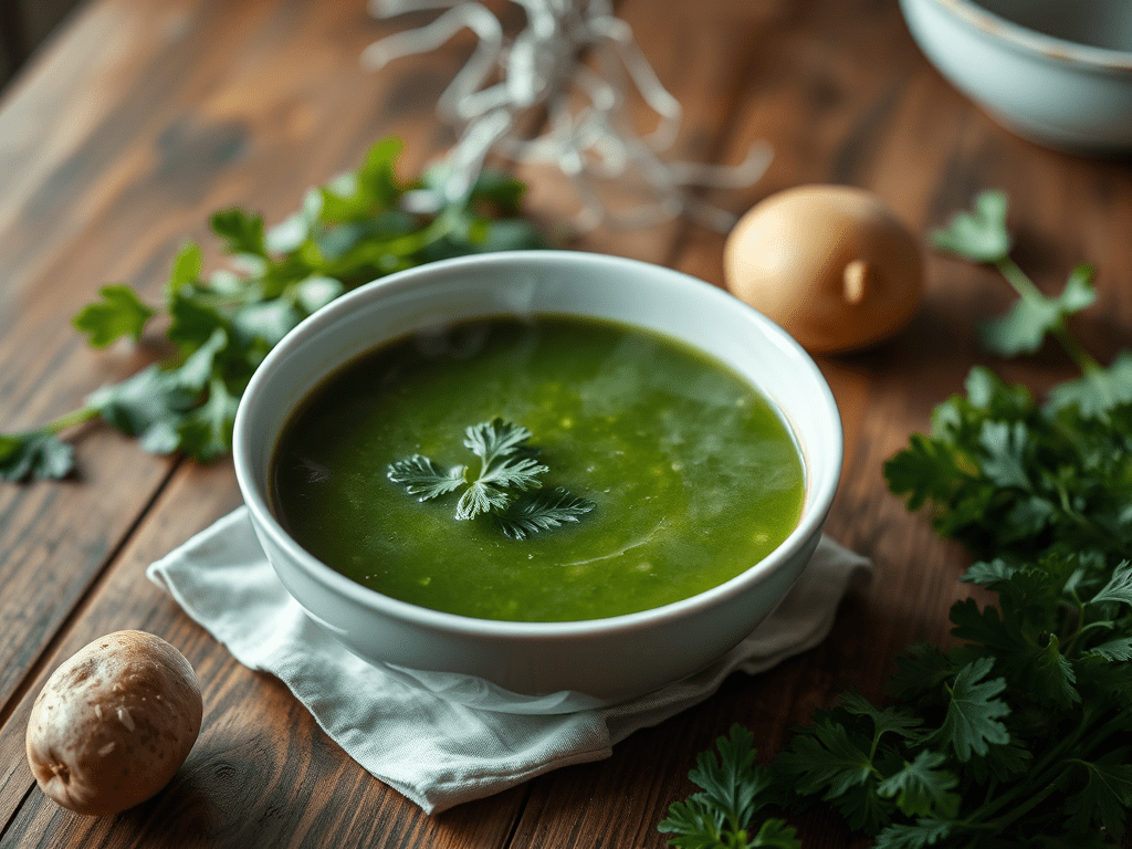 Cremige Brennnesselsuppe mit Kartoffeln.