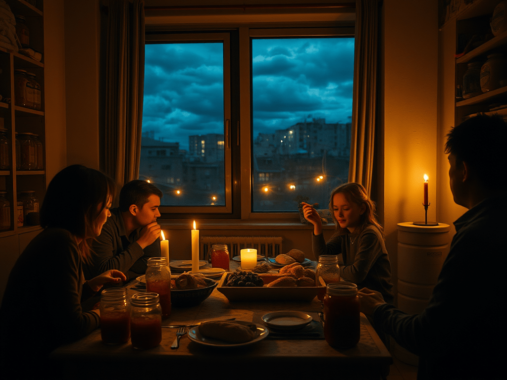 Familie in einer Stadtwohnung isst selbstgemachtes Brot bei Kerzenlicht, mit Vorräten für Krisenvorsorge im Hintergrund.