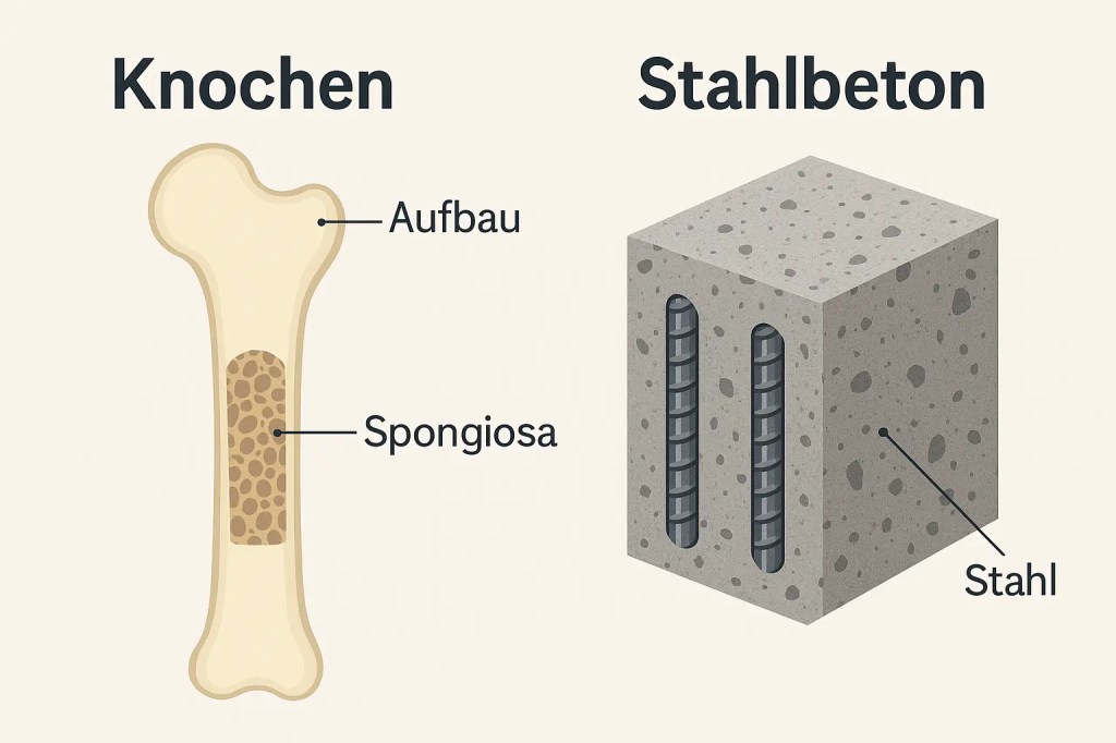 Knochenaufbau vs. Stahlbeton. Das Bild zeigt einen Knochen und daneben ein Betonteil. 