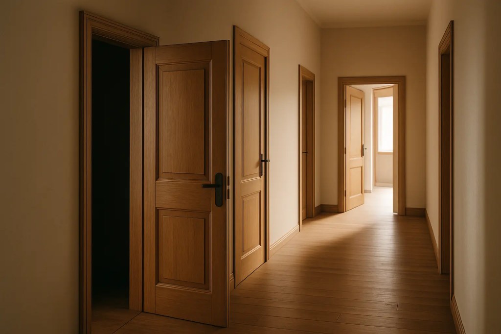 Ein heller Flur mit mehreren Türen auf beiden Seiten – einige offen, andere angelehnt oder geschlossen – symbolisiert Lebenswege und Chancen.