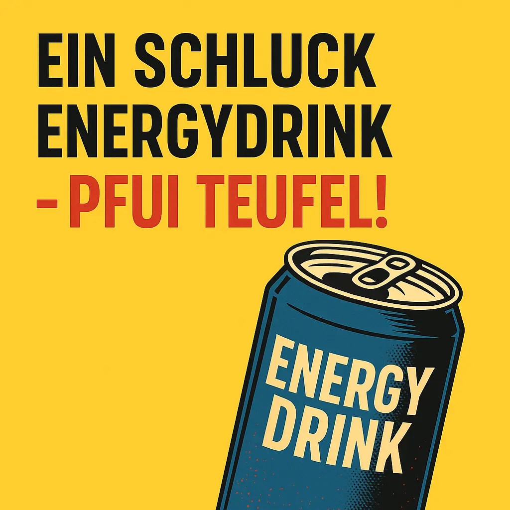Eine stilisierte Dose mit der Aufschrift "Energiedrinks" und dem Schriftzug "Ein Schluck Energydrink - Pfui Teufel"