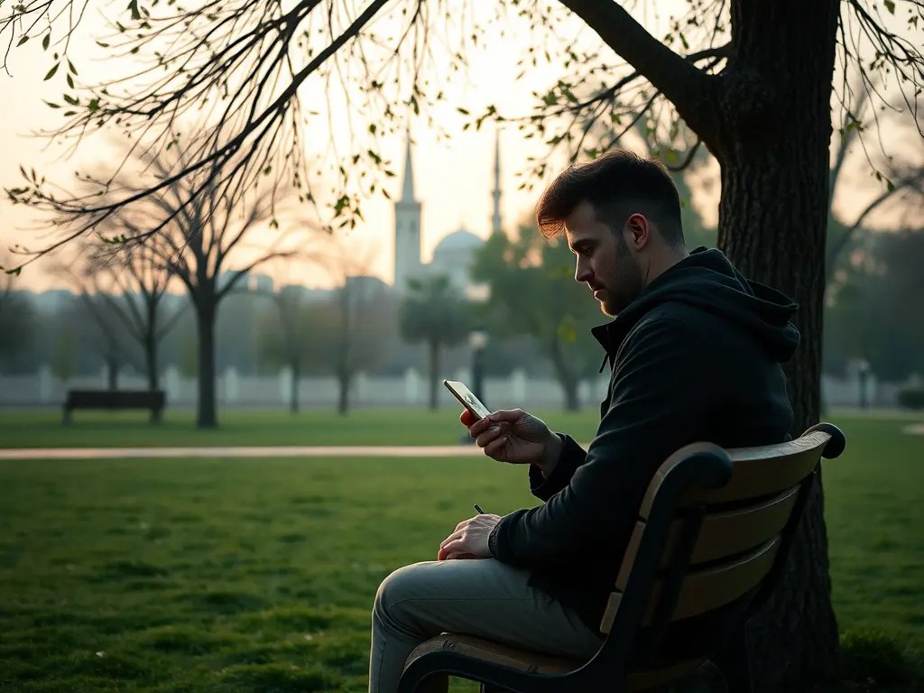 Eine Gartenbank mit Kaffee und Notizbuch im Vordergrund, während im Hintergrund eine Menschenmenge ein religiöses Symbol umgibt, symbolisiert Achtsamkeit gegenüber Religionen.