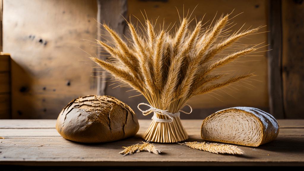 Rustikales Brot und Weizenähren auf Holztisch – Lösung gegen Blähungen