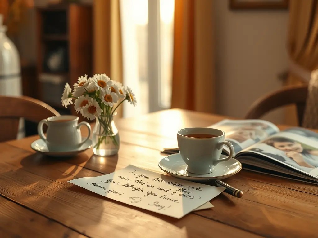 Tasse Tee auf Holztisch mit handgeschriebenem Brief und Fotoalbum, für ein achtsames Sonntagsfrühstück am Muttertag ohne Konsumflash.