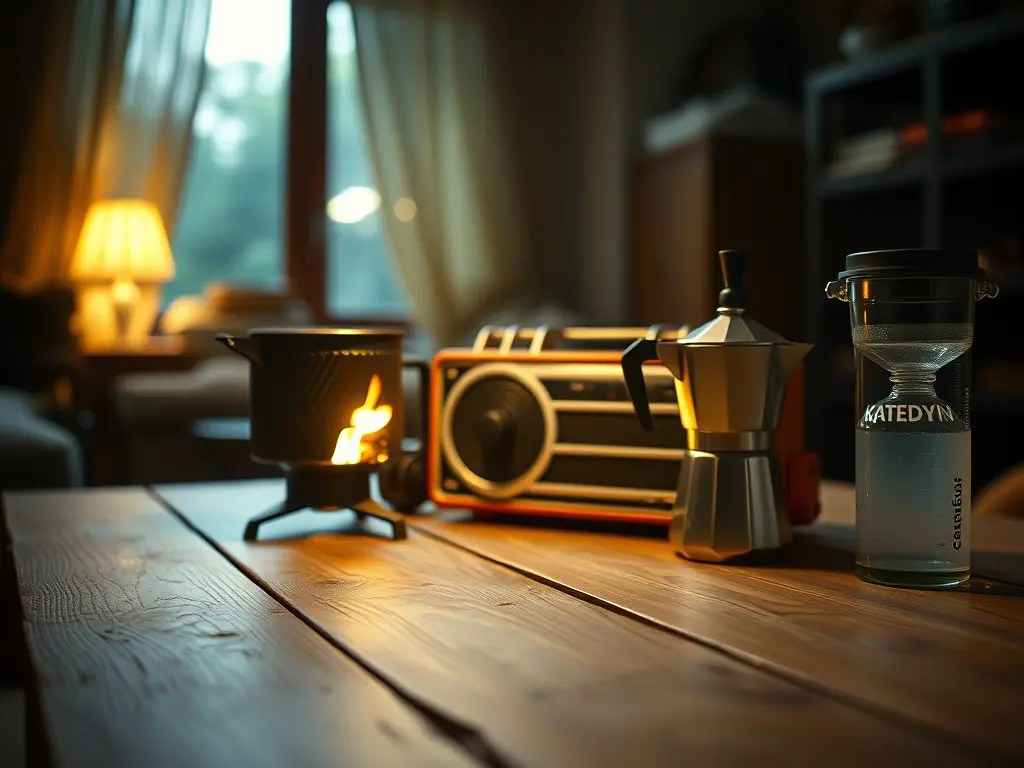 Familie in einer Stadtwohnung nutzt Rocket Stove und Kurbelradio während eines Blackouts