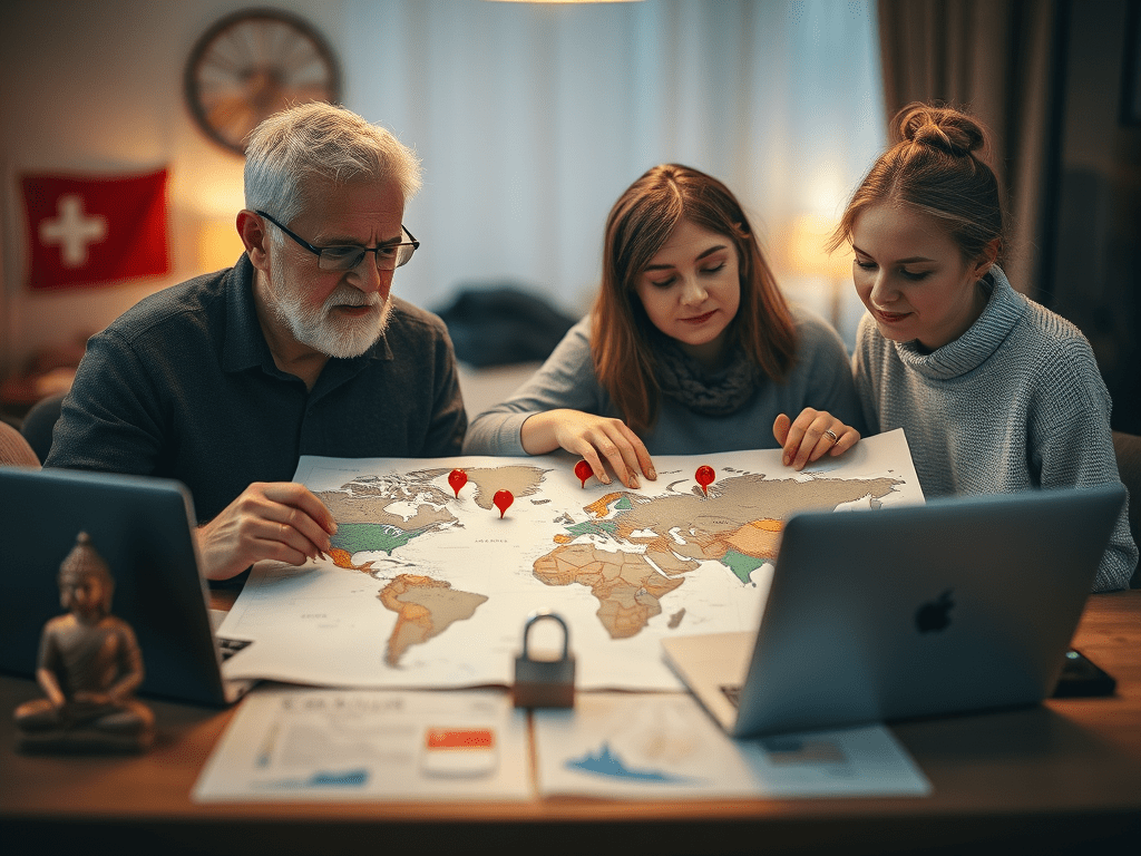 Ein Paar plant das Auswandern aus Deutschland mit einer Weltkarte, Pins in Schweiz, Neuseeland, Tschechien, Ungarn und Thailand, und einer Checkliste.