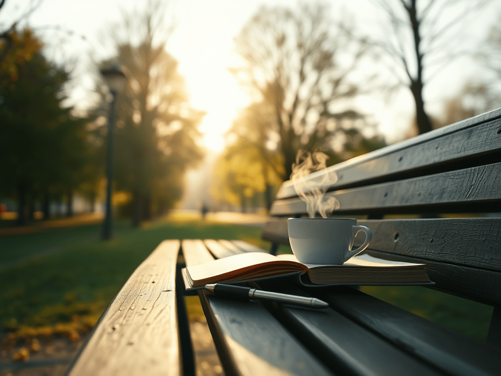 Parkbank im Morgenlicht mit Kaffeetasse und Notizbuch für praktische Philosophie“ (14 Wörter, „praktische Philosophie