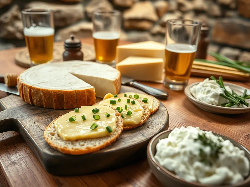 Rustikale fränkische Brotzeit mit Ziebeleskäs, Edamer und Ricotta auf Holztisch, garniert mit Schnittlauch, vor einem Naturkeller.