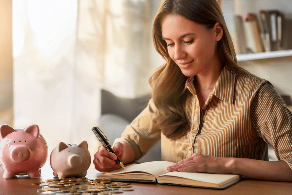 Person schreibt in ein Haushaltsbuch mit Münzen, symbolisiert finanzielle Unabhängigkeit