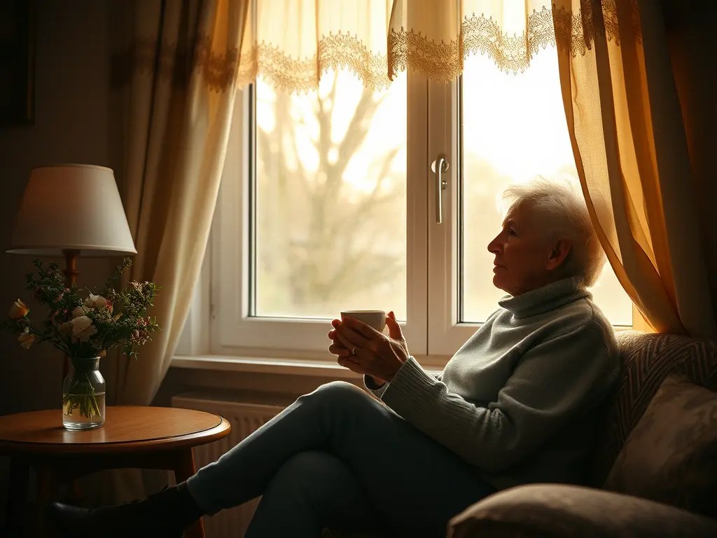 Person ab 50 sitzt mit einer Tasse Tee am Fenster, blickt hinaus und genießt eine bewusste Morgenpause in warmem Licht.