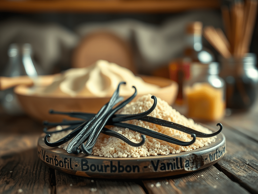 Bourbon-Vanille-Schoten und feiner Vanillezucker auf rustikaler Holzplatte