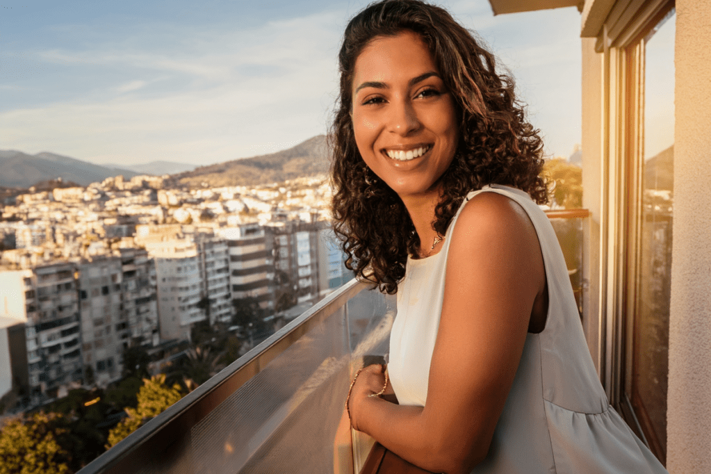 Lächelnde Person auf Stadtbalkon mit Blick, inspiriert zu Selbstversorgung und Zusammenhalt