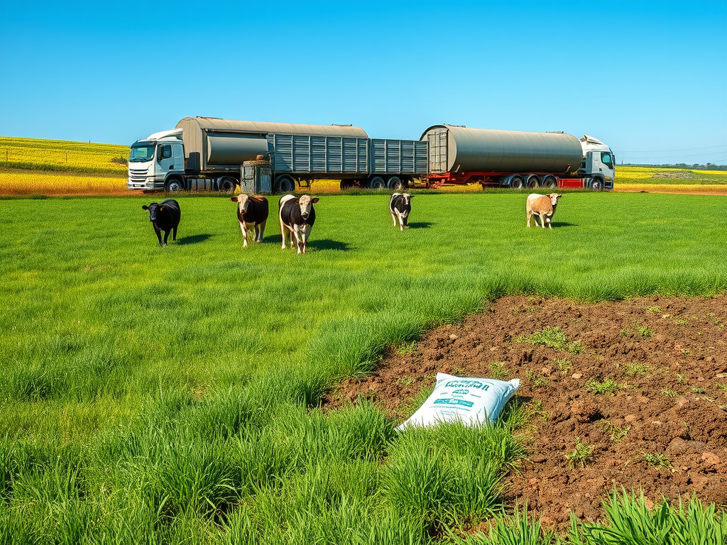 Kühe auf grüner Wiese vor Biogasanlage, mit LKW und Düngersäcken im Hintergrund – Biogas als Schlüssel der Energiewende.